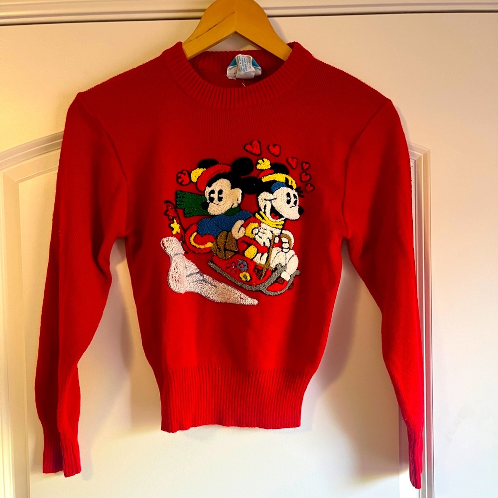 Vintage Sunday Comics Mickey and Minnie Mouse Sledding Red Knit sweater